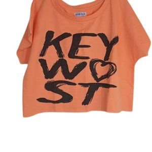 Ocean Blue Womens Key West Graffiti Graphic Crop T-Shirt Tee Coral Black L New